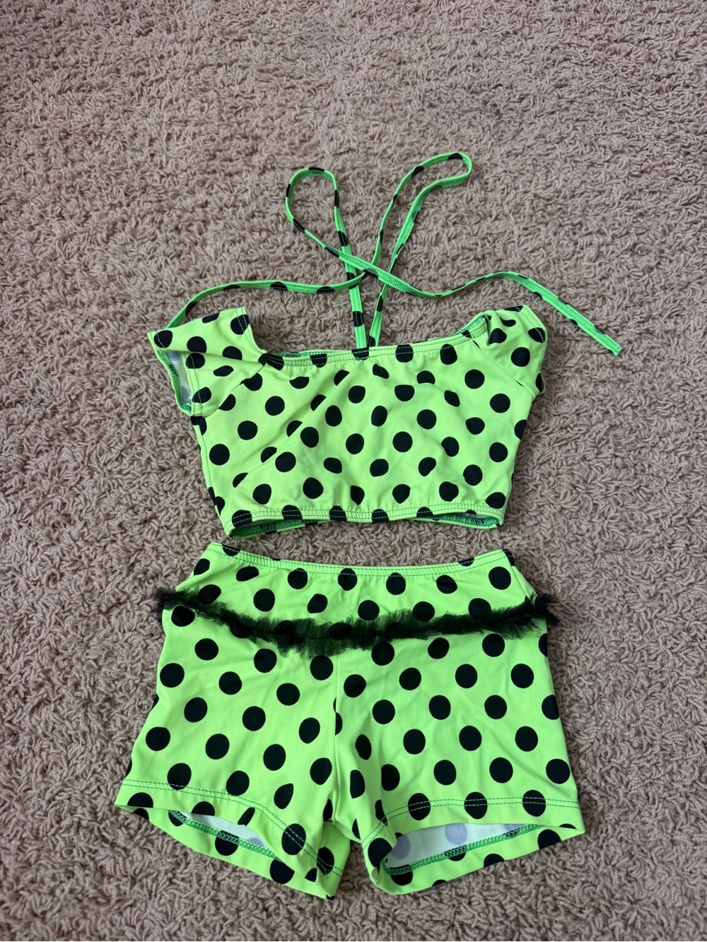 Neon Green Polka Dot Dance Set for Kids - Halter Crop Top & Shorts CM